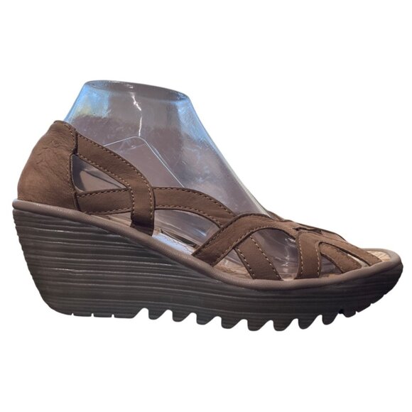 Fly London Yadi Wedge Sandal Leather Cutout Open Toe Taupe Womens 39 / US 8-8.5 - Picture 9 of 10